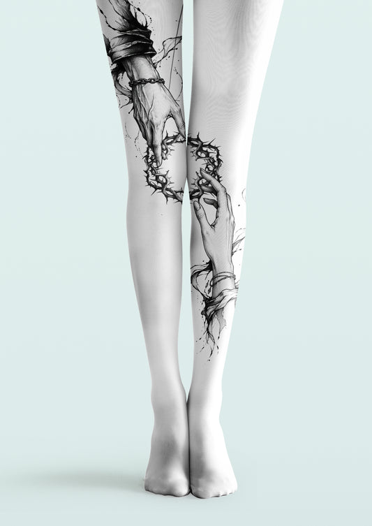Front product view of Black Thorn Heart Chain Hands Tattoo Tights