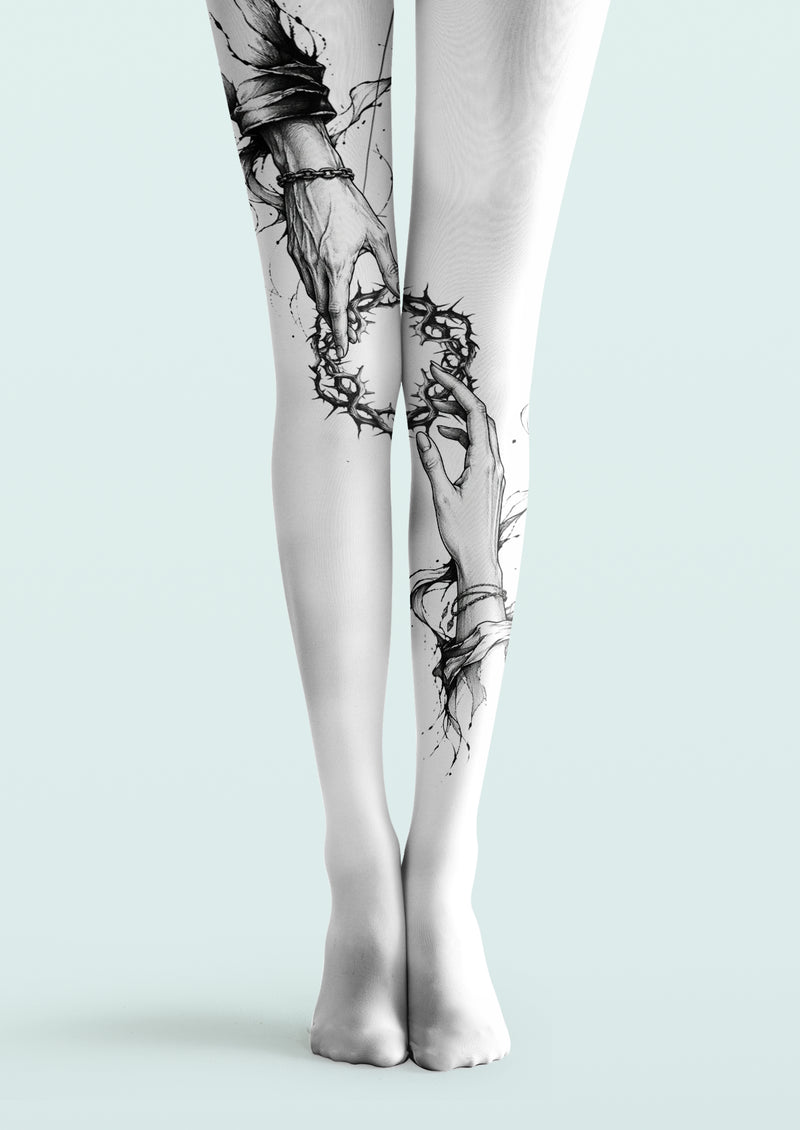 Thorn Heart Chain Hands Tattoo Printed Tights Hosiery Pantyhose
