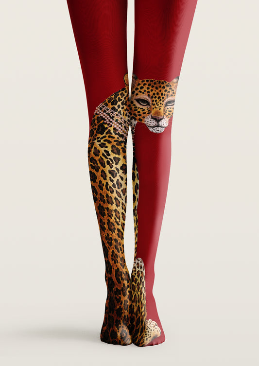 Front product view of Red Asymmetric Pearl Leopard Tights