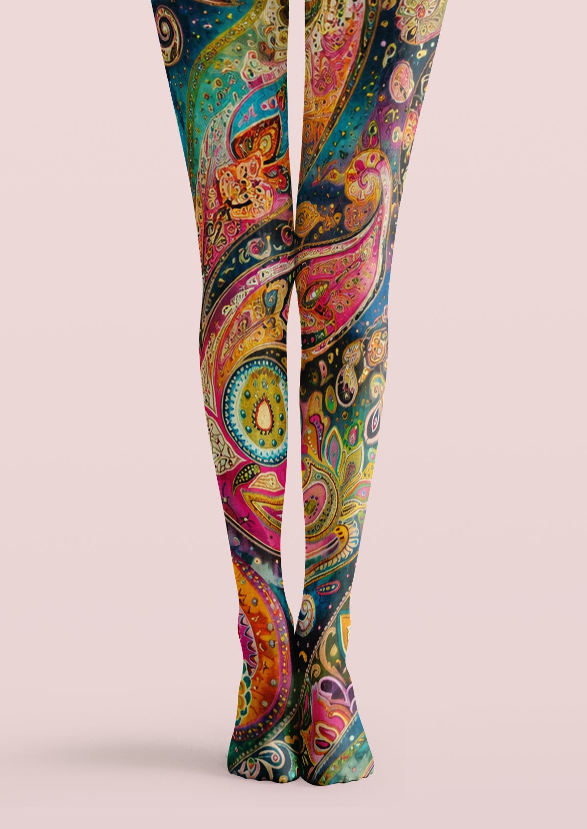 Navy printed tights with multicolor paisley, floral details, and ornamental teardrop motifs
