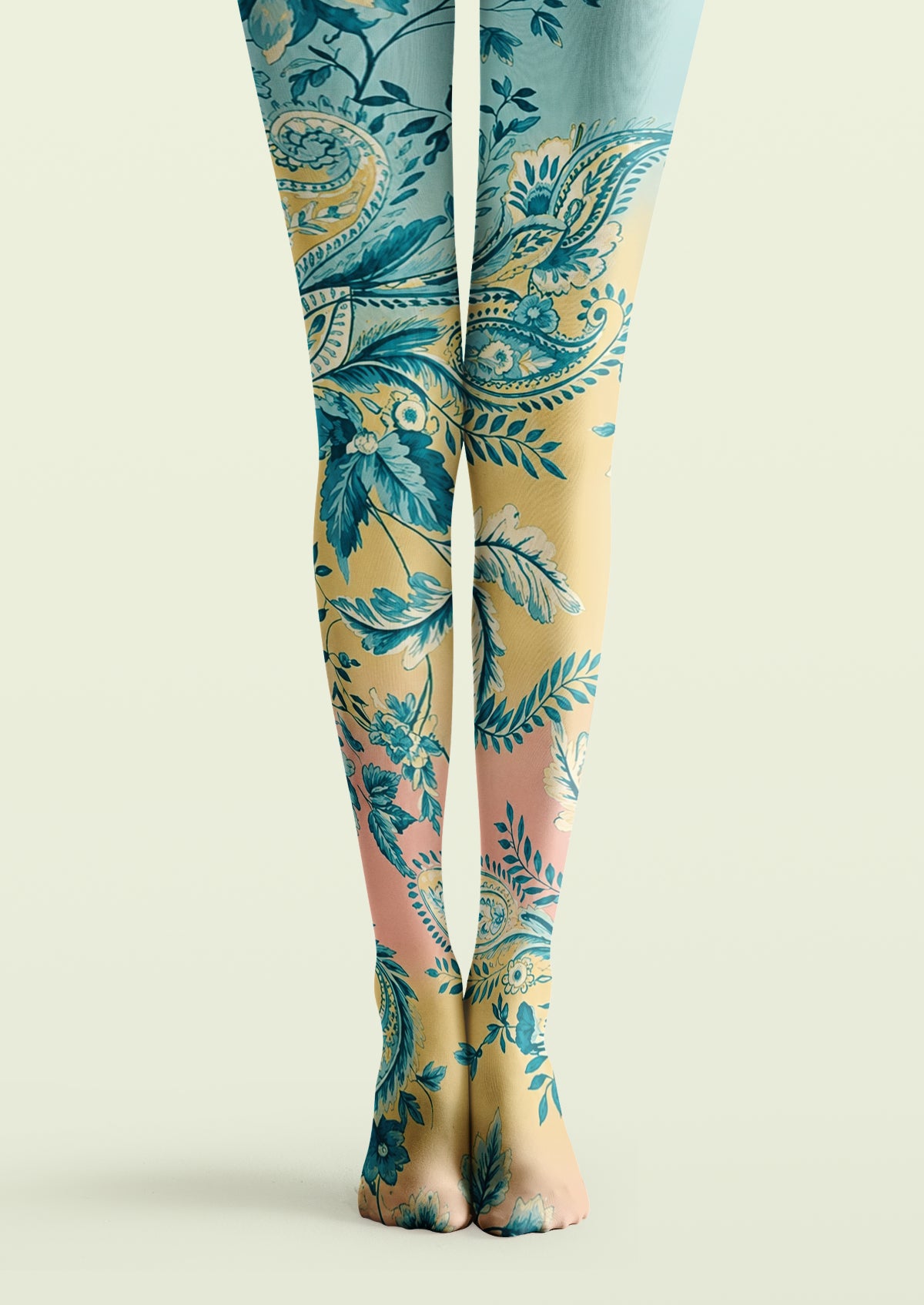 Gradient blue yellow pink printed tights decorated with combined floral foliage and paisley novelty patterns