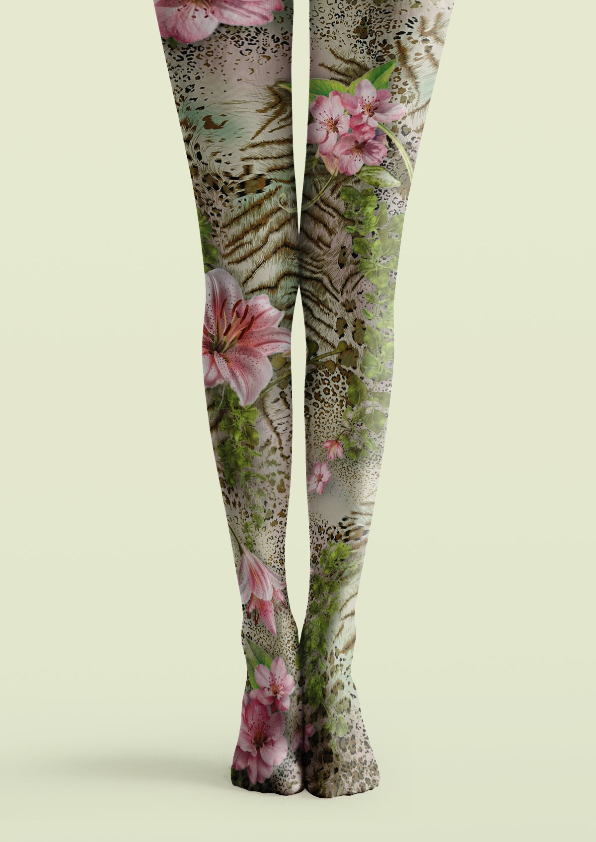 Beige printed tights with pink floral, green foliage and mixed animal print
