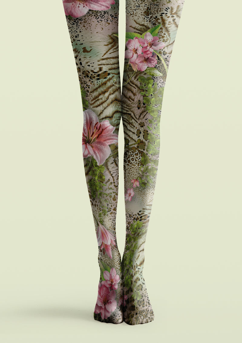 Beige printed tights with pink floral, green foliage and mixed animal print