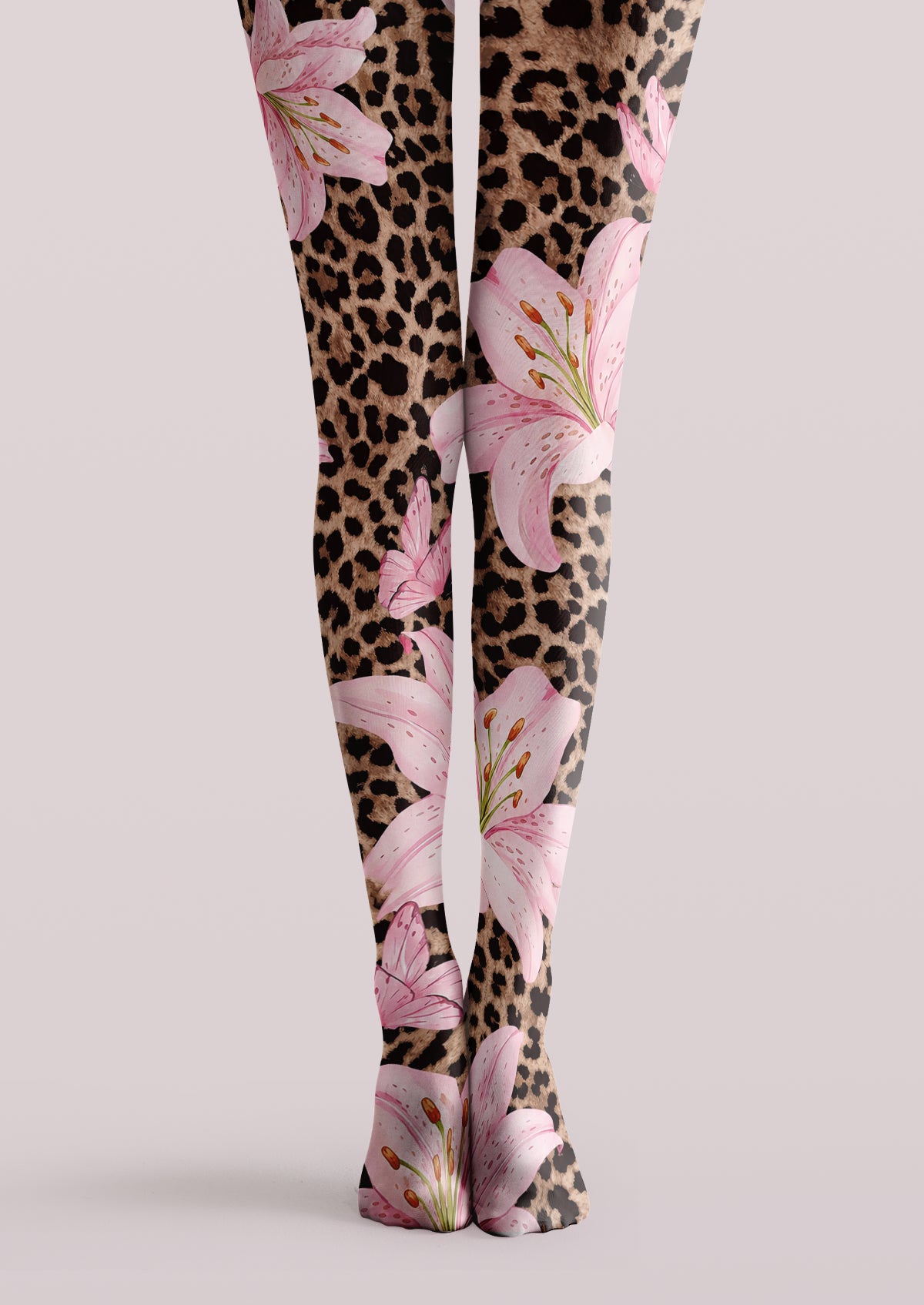 Brown printed tights with leopard animal print and pink lily floral pattern