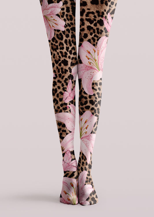 Brown printed tights with leopard animal print and pink lily floral pattern