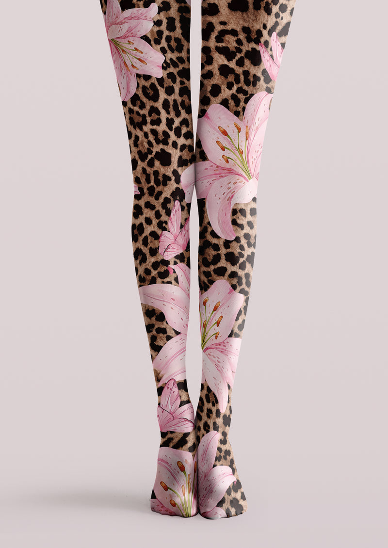 Brown printed tights with leopard animal print and pink lily floral pattern