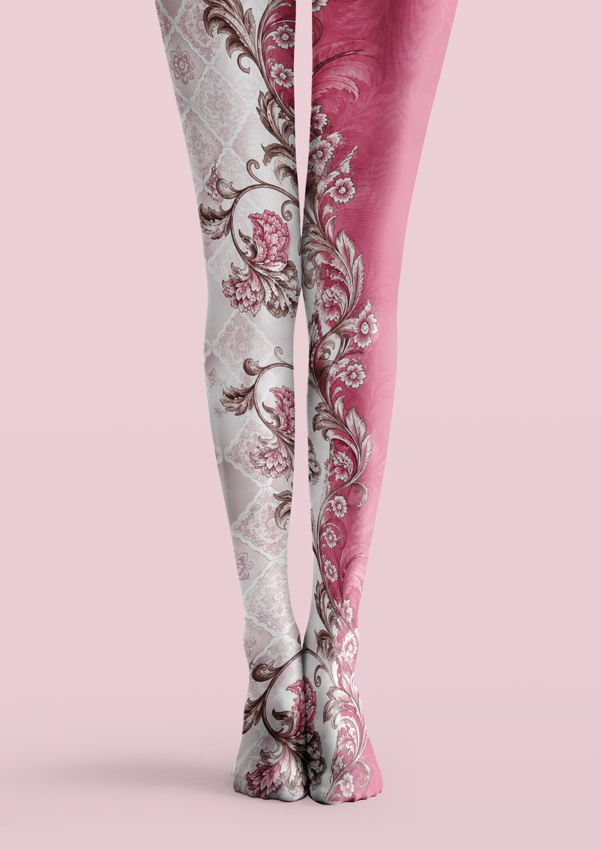 Pink and white printed tights with vintage brown scroll floral pattern