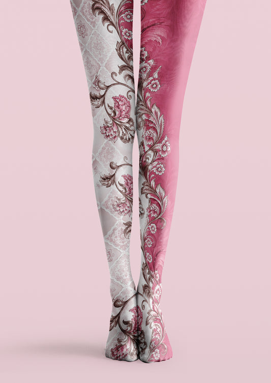 Pink and white printed tights with vintage brown scroll floral pattern