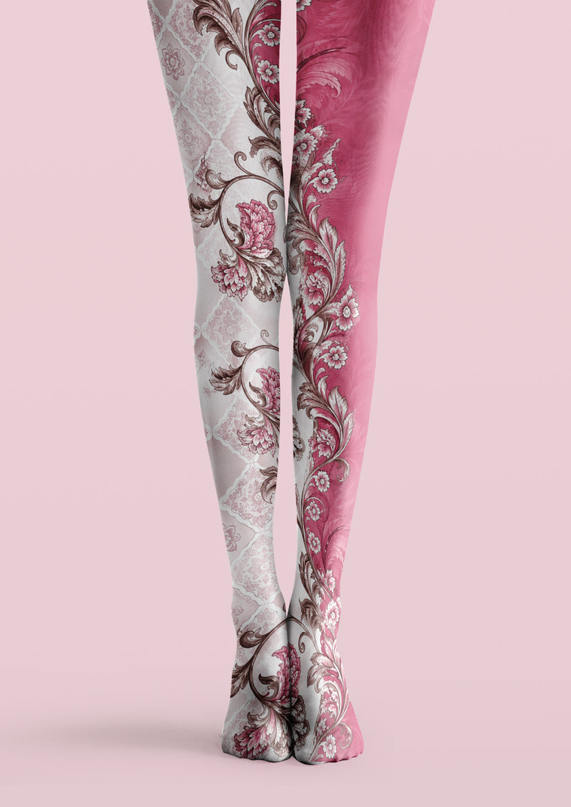Pink and white printed tights with vintage brown scroll floral pattern