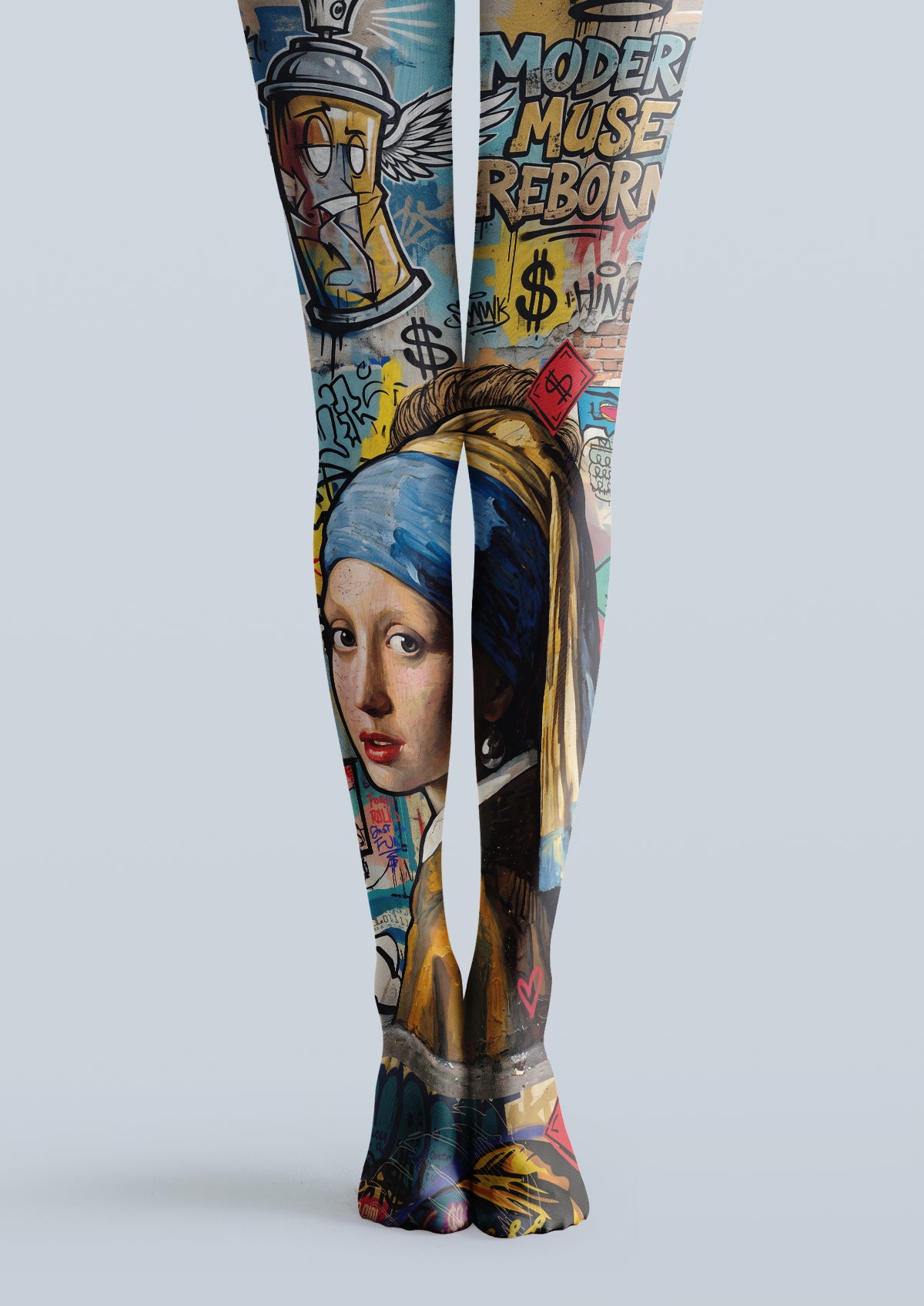 Multicolor printed tights with a portrait-style figure, graffiti lettering, spray-can art, and graphic symbols