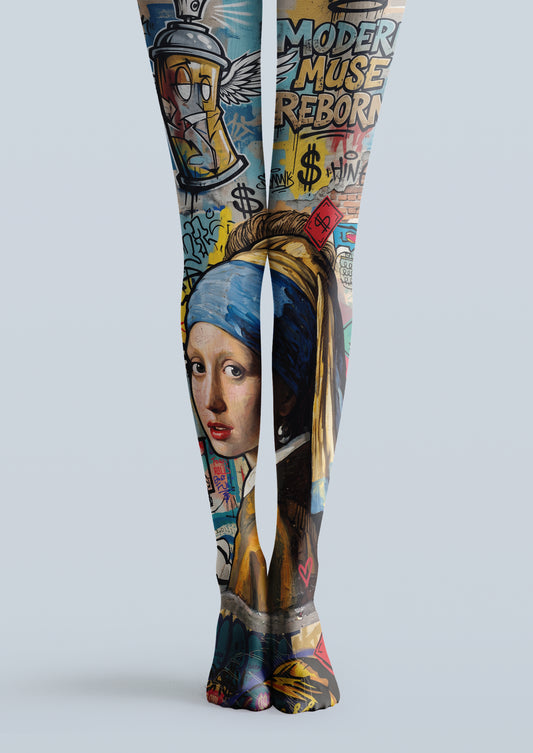 Multicolor printed tights with a portrait-style figure, graffiti lettering, spray-can art, and graphic symbols