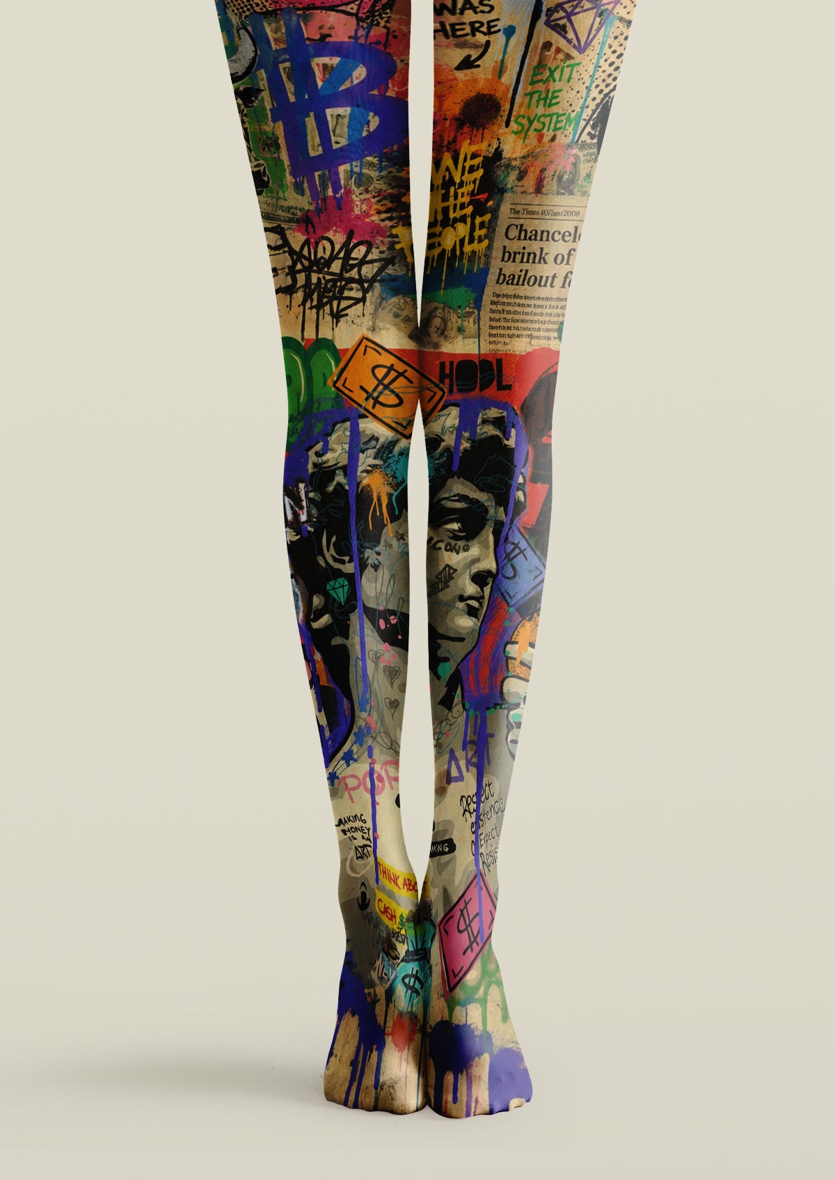 Multicolor printed tights with layered portrait faces, graffiti lettering, currency symbols, and paint-splatter details