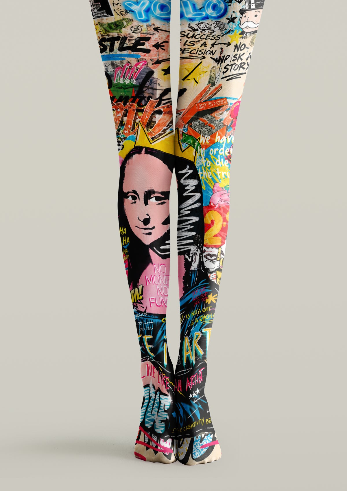 Multicolor printed tights with a classical portrait, graffiti lettering, money graphics, stars, and colorful pop-art details