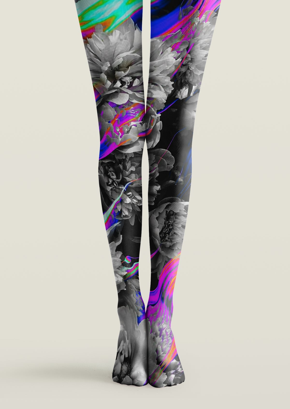 Black tights with monochrome peony floral and glitch neon multicolor printed streaks