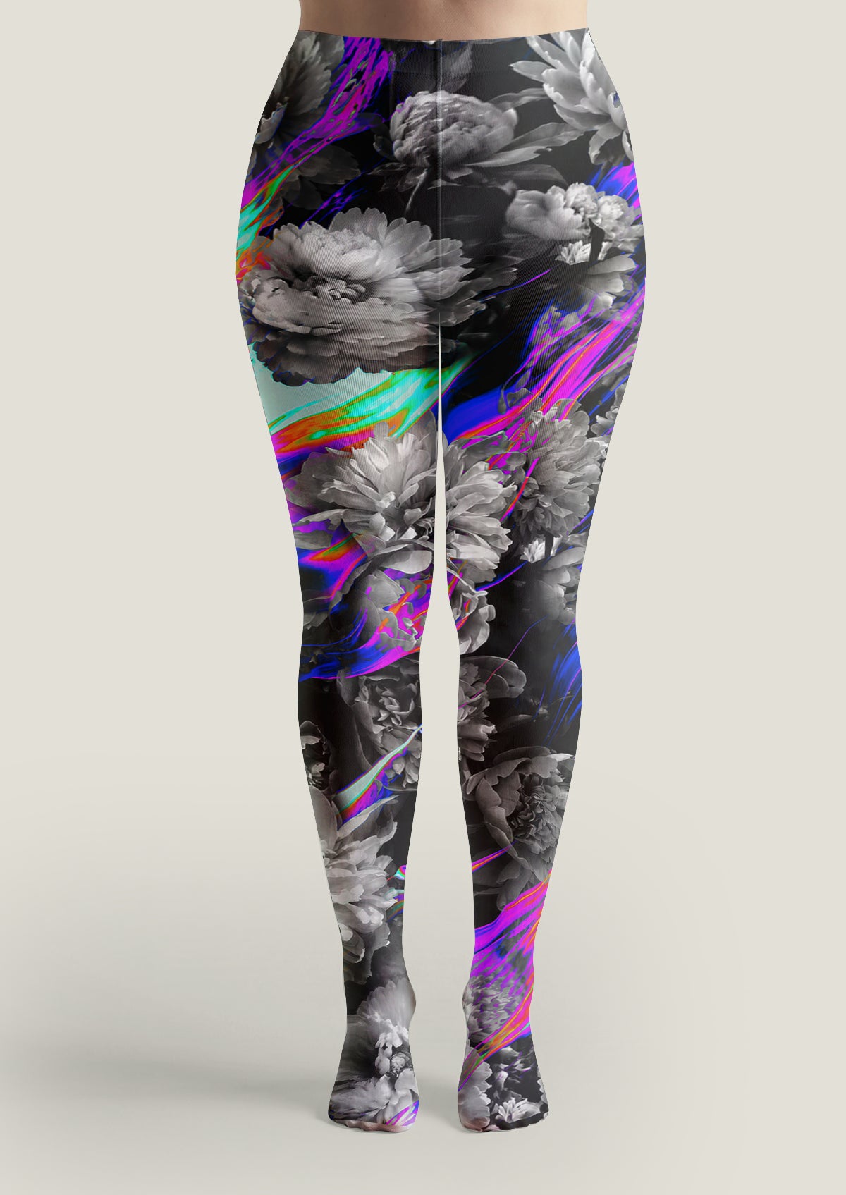 Black Glitch Floral Tights