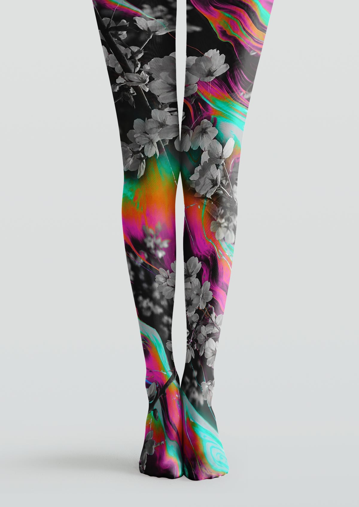 Black printed tights with monochrome cherry blossom and swirling neon multicolor fluid streaks