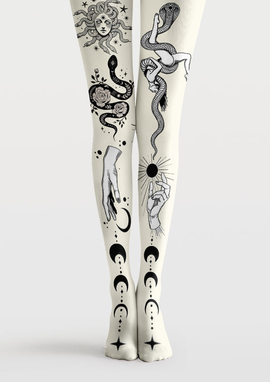 Ivory printed tights with black Medusa and celestial tattoo-style line art patterns