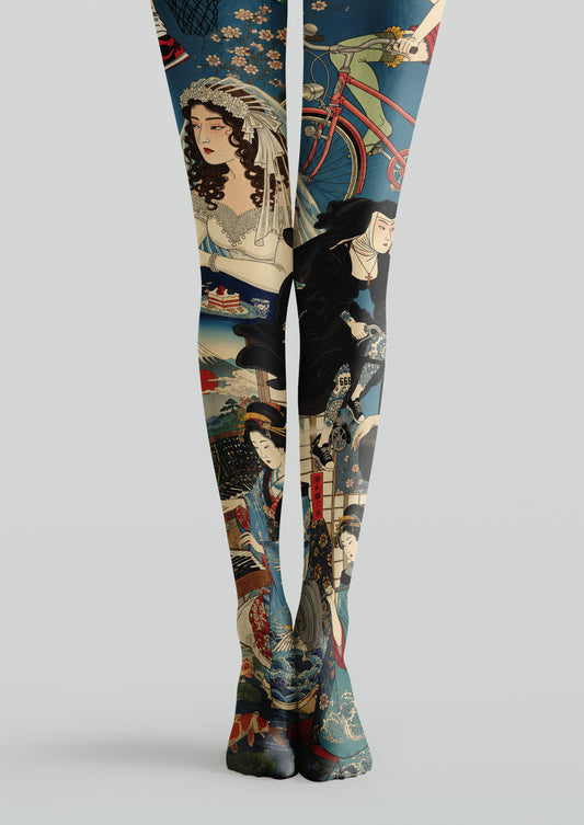 Blue printed tights with multicolor modern ukiyo-e style novelty scene patterns
