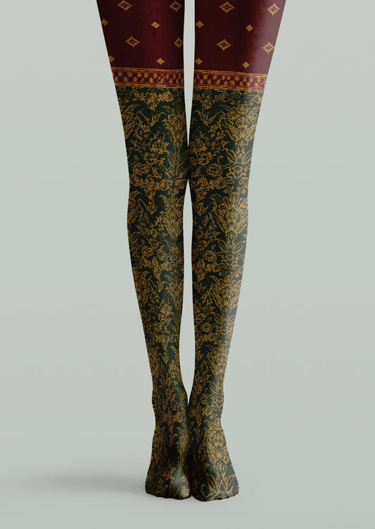 Burgundy and green printed tights with bronze floral motifs, geometric diamonds and decorative border