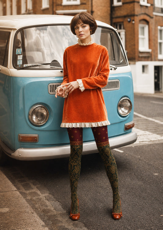Green Burgundy Floral Tights