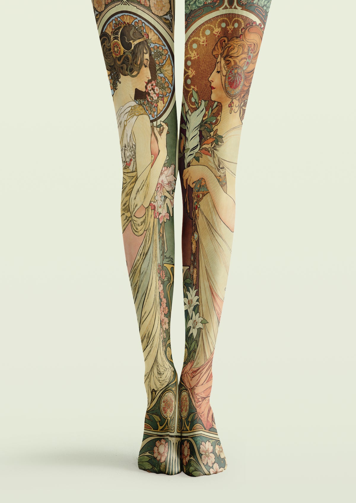 Beige printed tights with Mucha-inspired female portraits, floral borders, and muted green and brown details