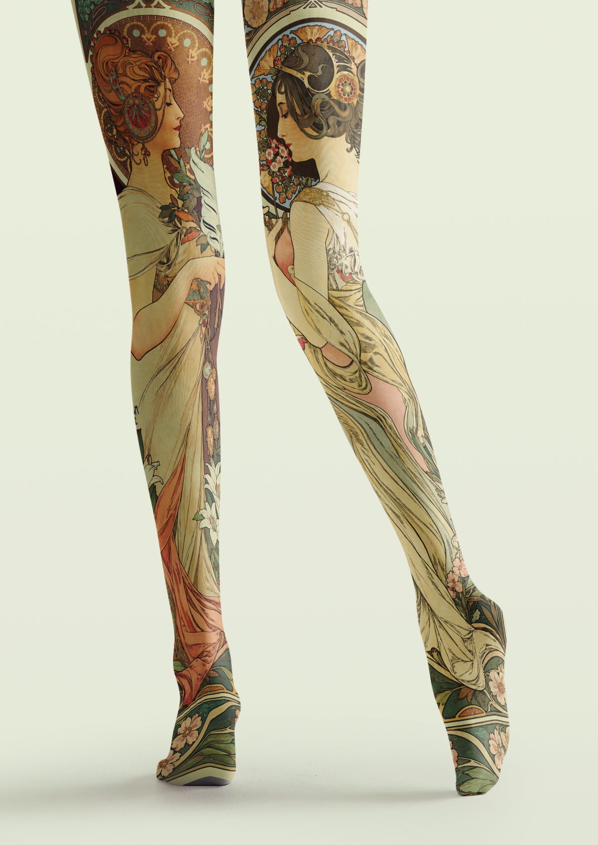 Beige Mucha-Inspired Art Nouveau Portrait Tights