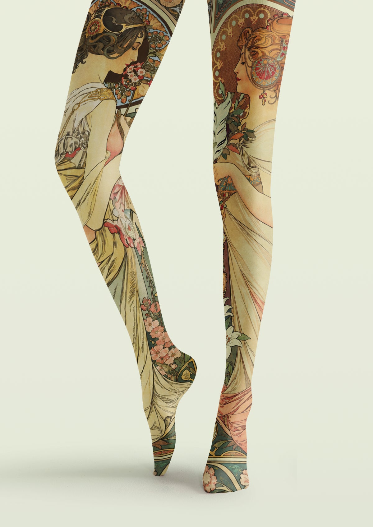 Beige Mucha-Inspired Art Nouveau Portrait Tights