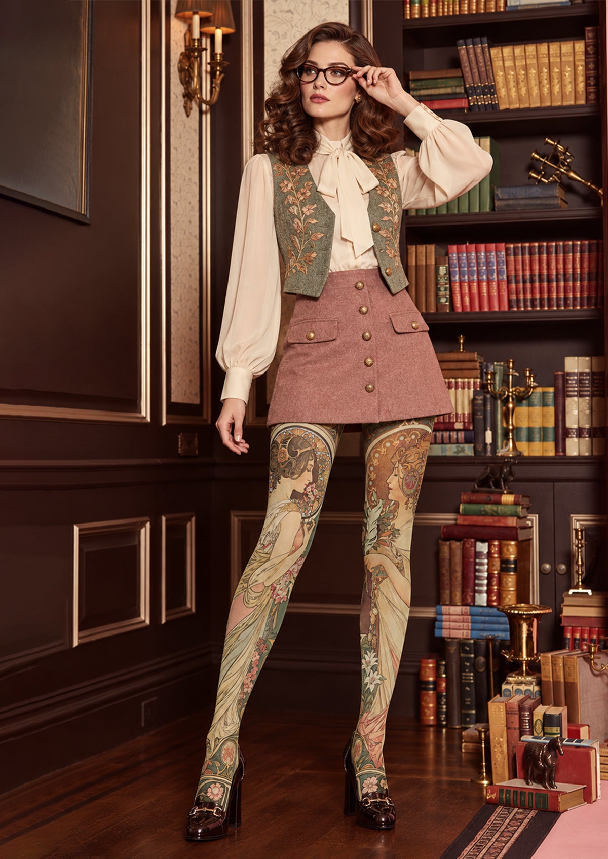 Beige Mucha-Inspired Art Nouveau Portrait Tights
