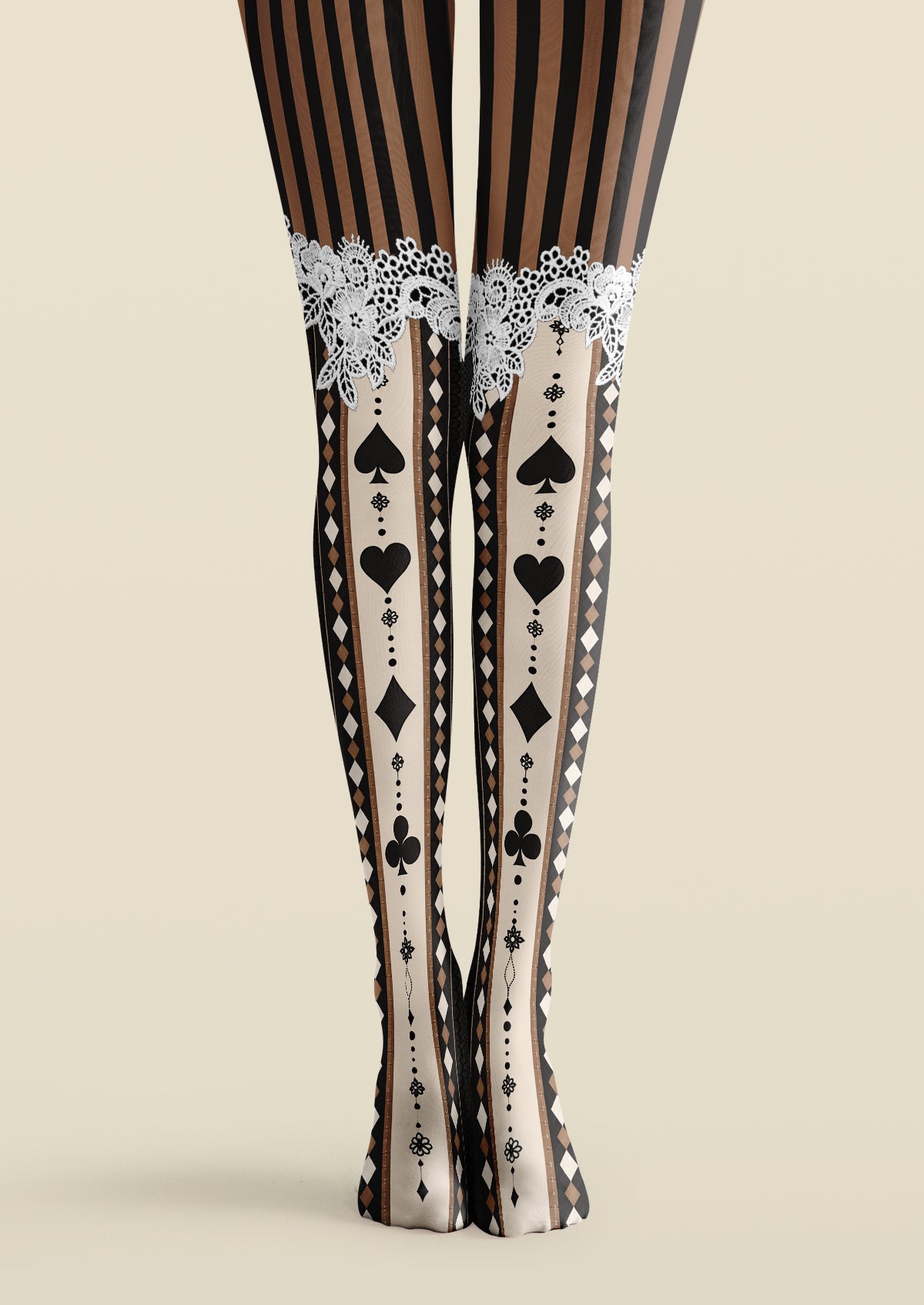 Black printed tights with playing card suit symbols, vertical stripes, diamond borders and white floral lace details