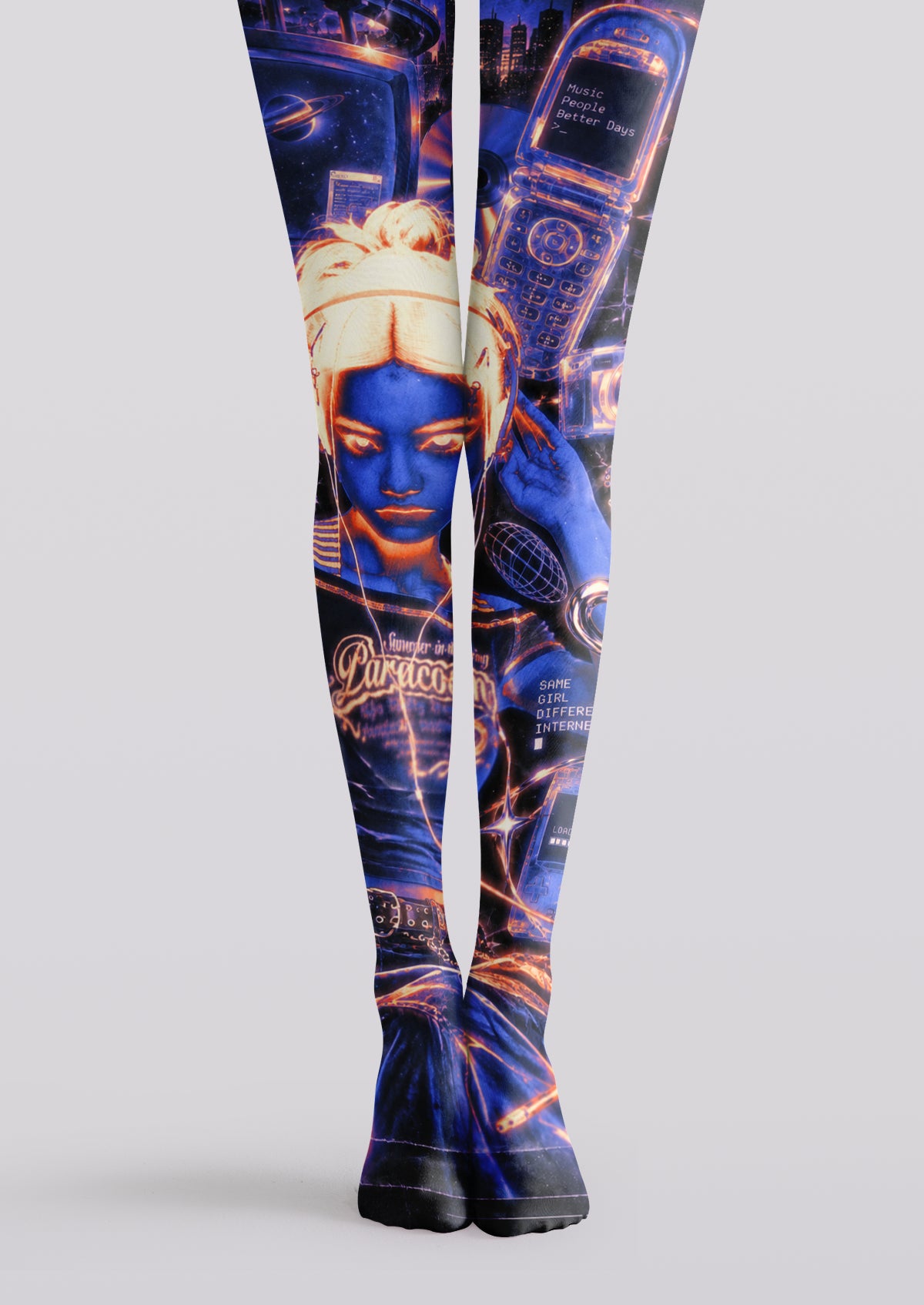 Blue printed tights with a Y2K tech collage of a portrait, flip phone, digital screens, CDs and neon graphics