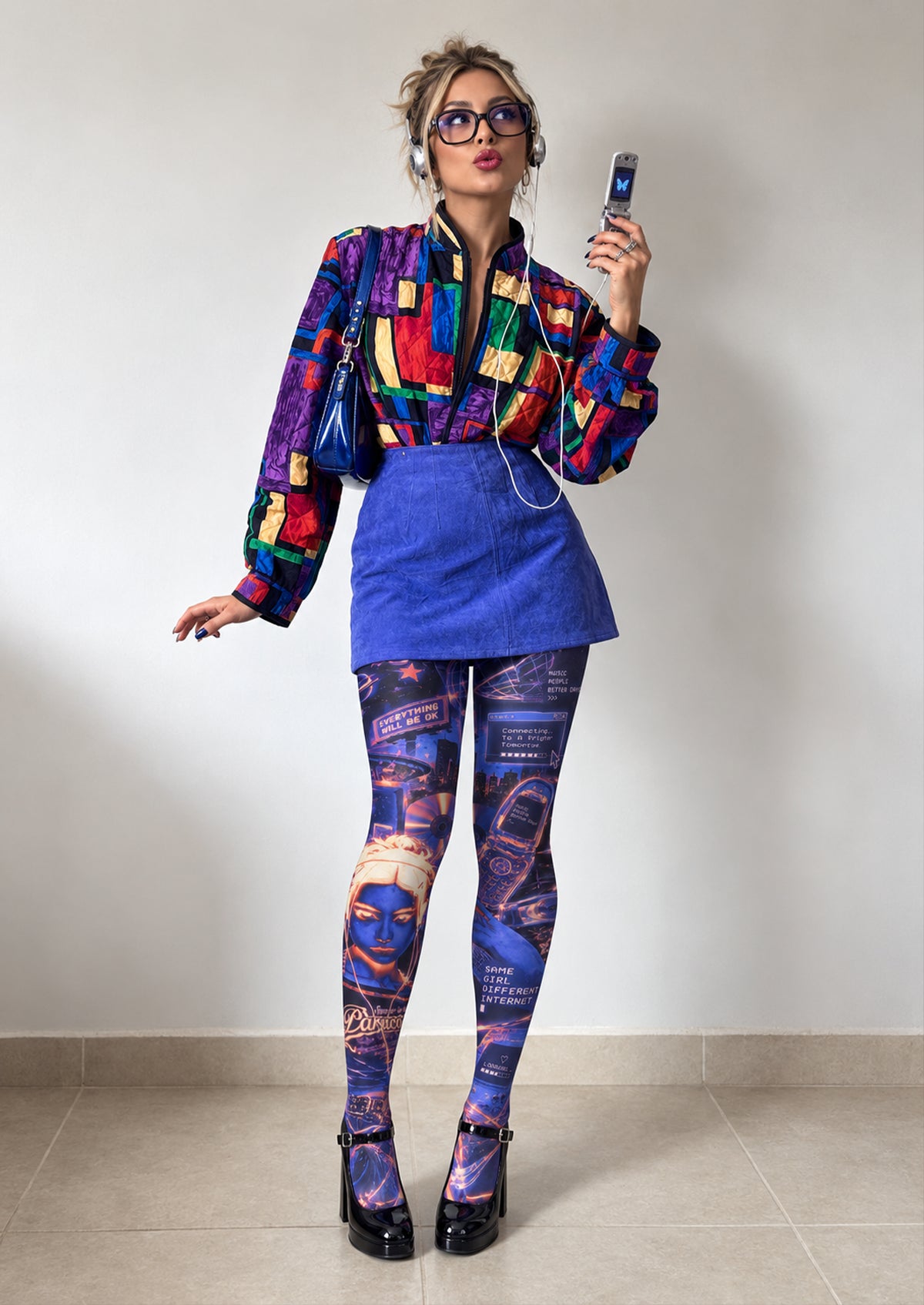 Blue Y2K Tech Collage Tights