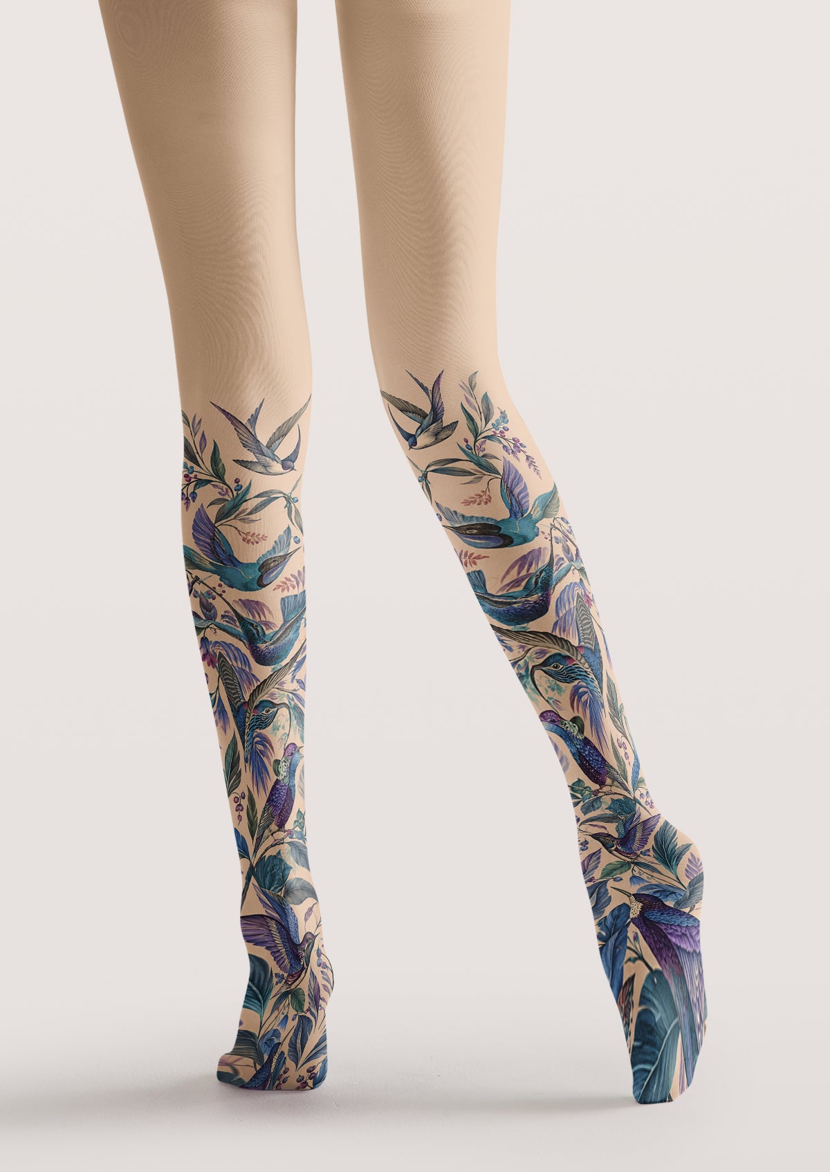 Beige Bird Floral Tights