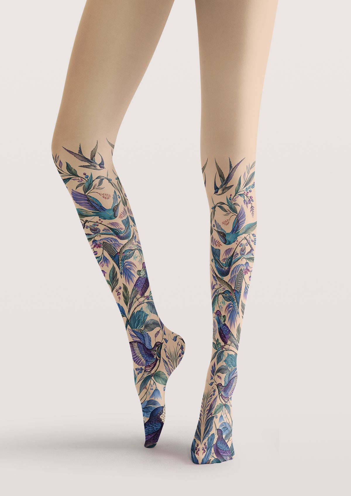 Beige Bird Floral Tights