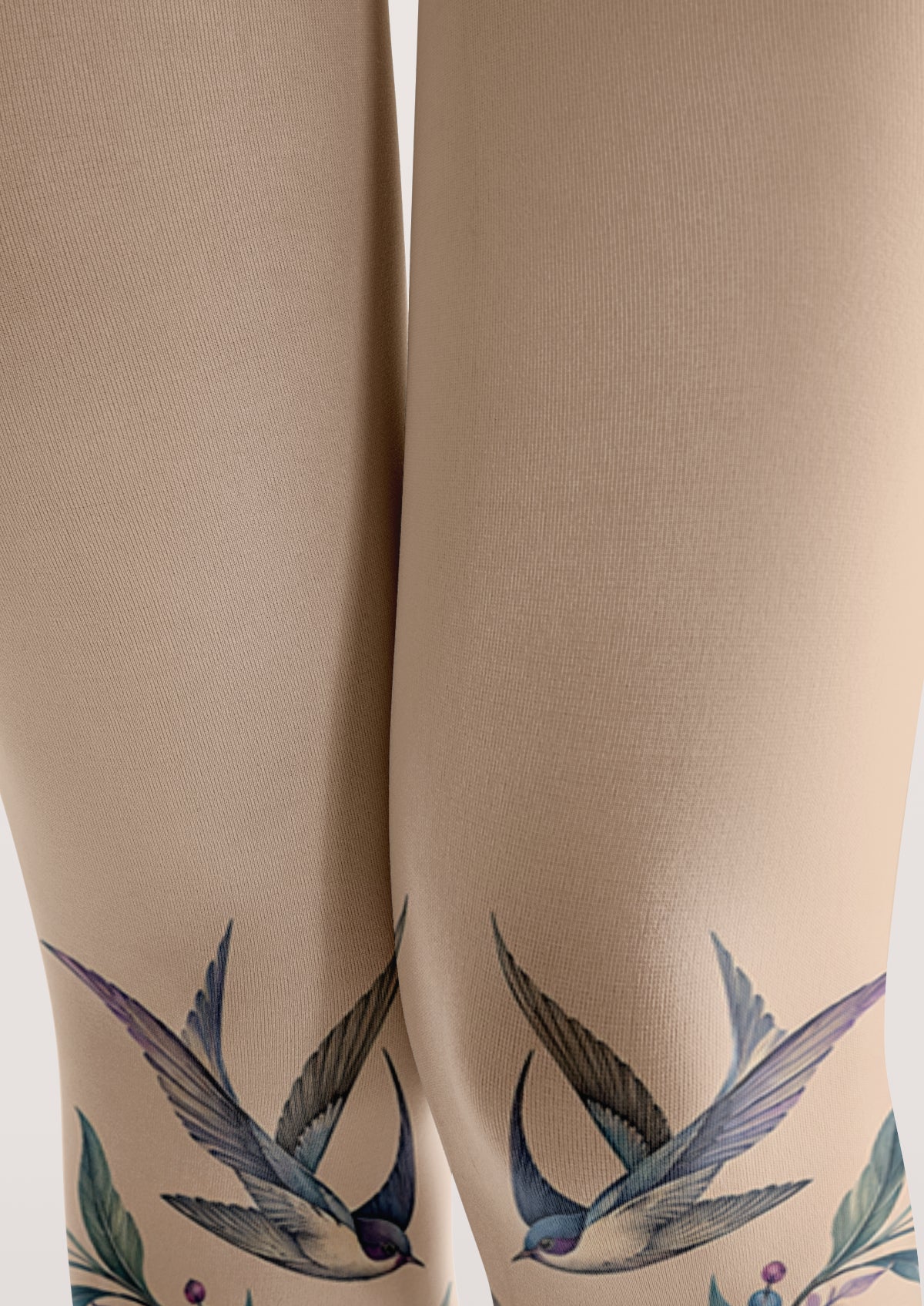 Beige Bird Floral Tights
