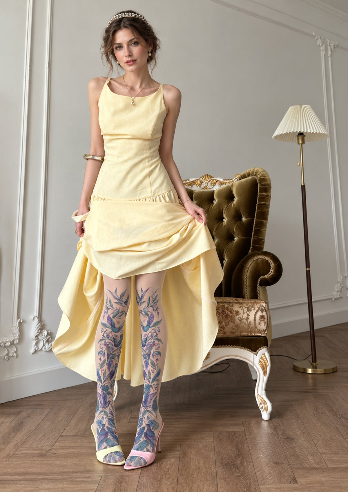 Beige Bird Floral Tights
