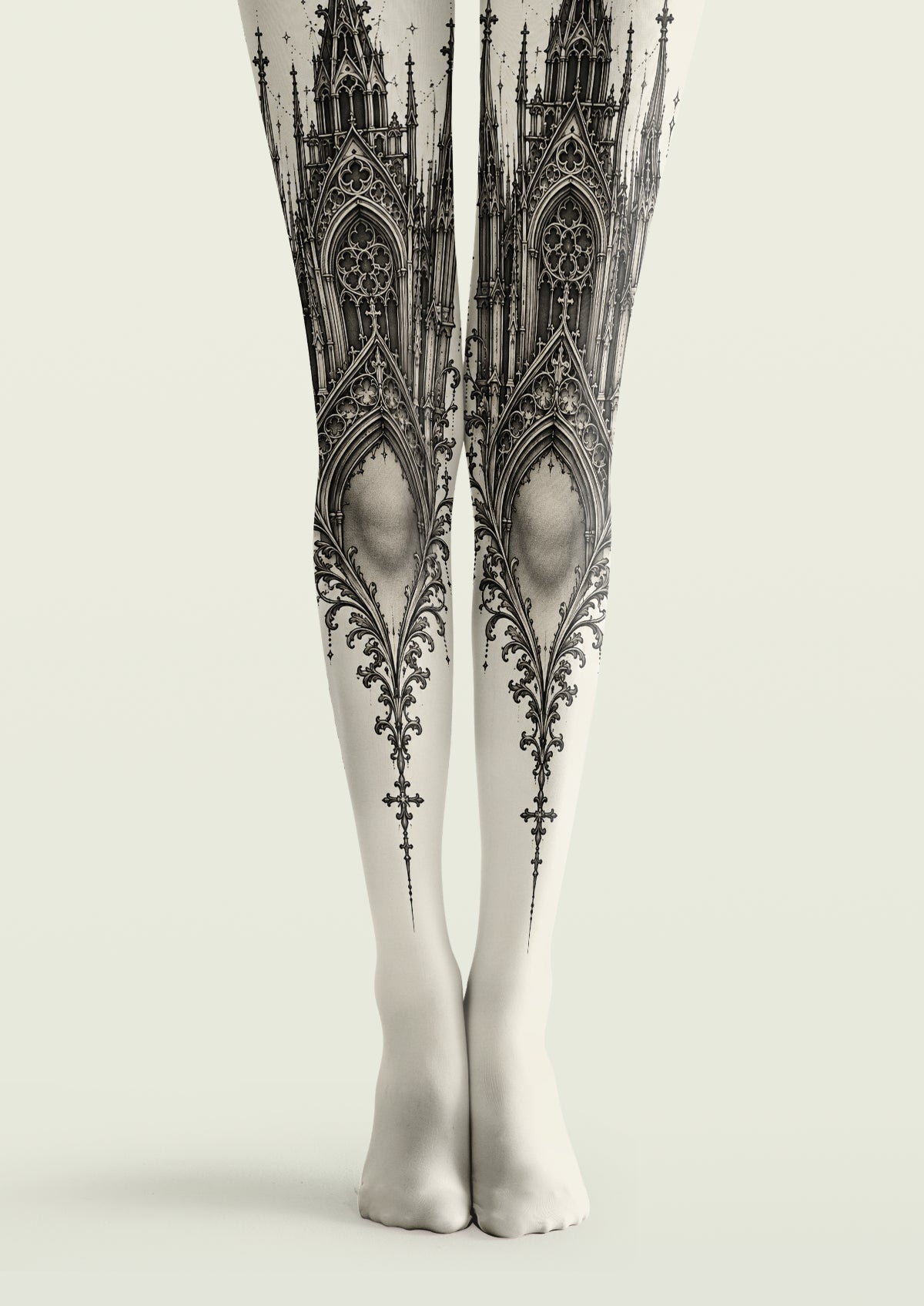 Black printed tights with Gothic cathedral arches, spires, cross details and ornate architectural linework