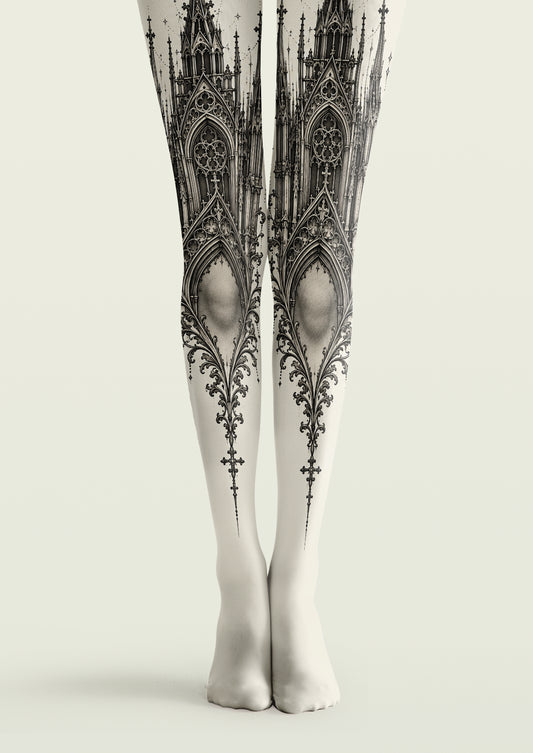 Black printed tights with Gothic cathedral arches, spires, cross details and ornate architectural linework