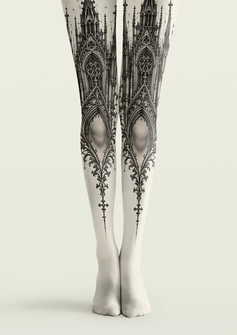 Black printed tights with Gothic cathedral arches, spires, cross details and ornate architectural linework