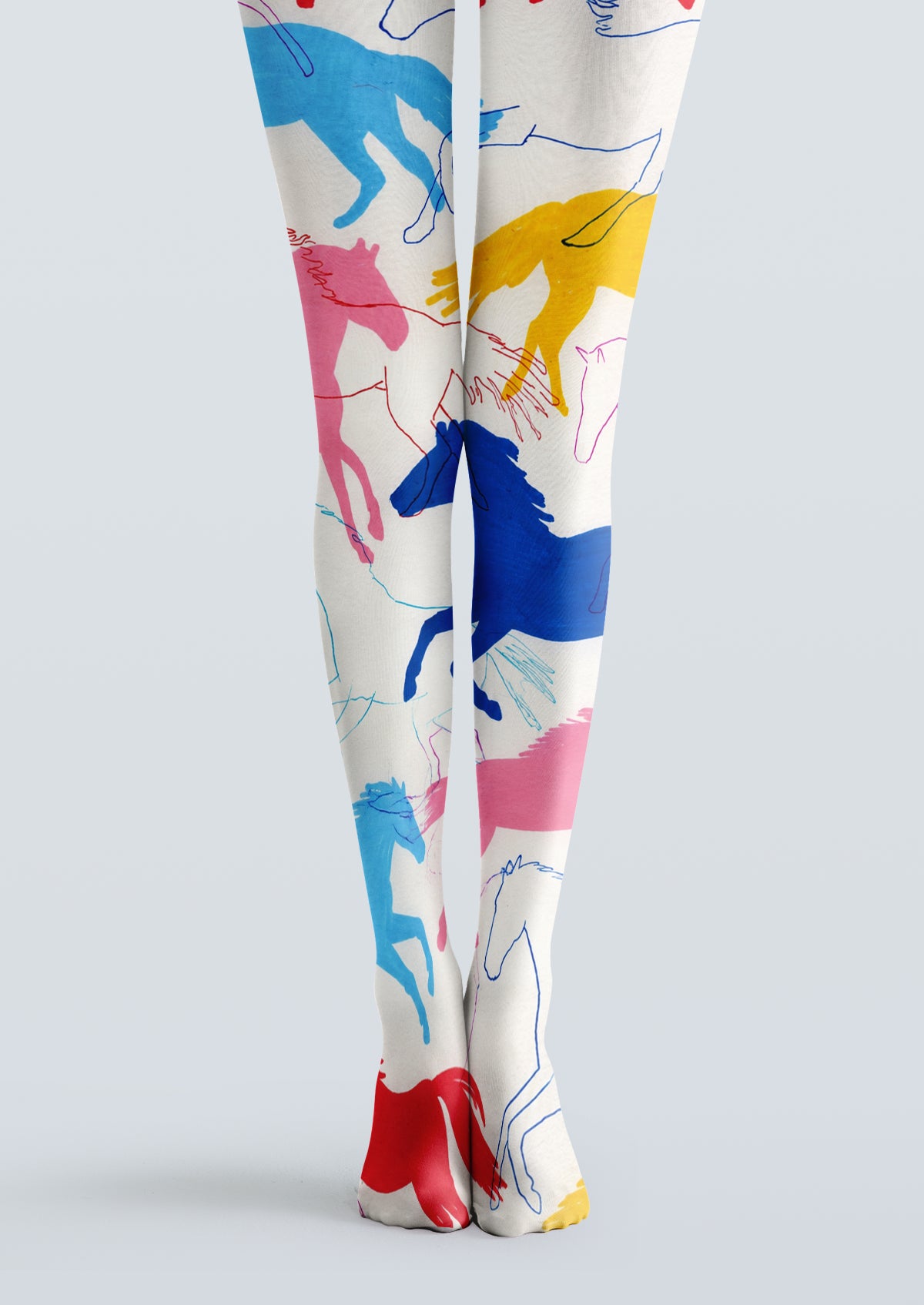 White printed tights with hand-drawn multicolored running horse sketches covering legs and feet