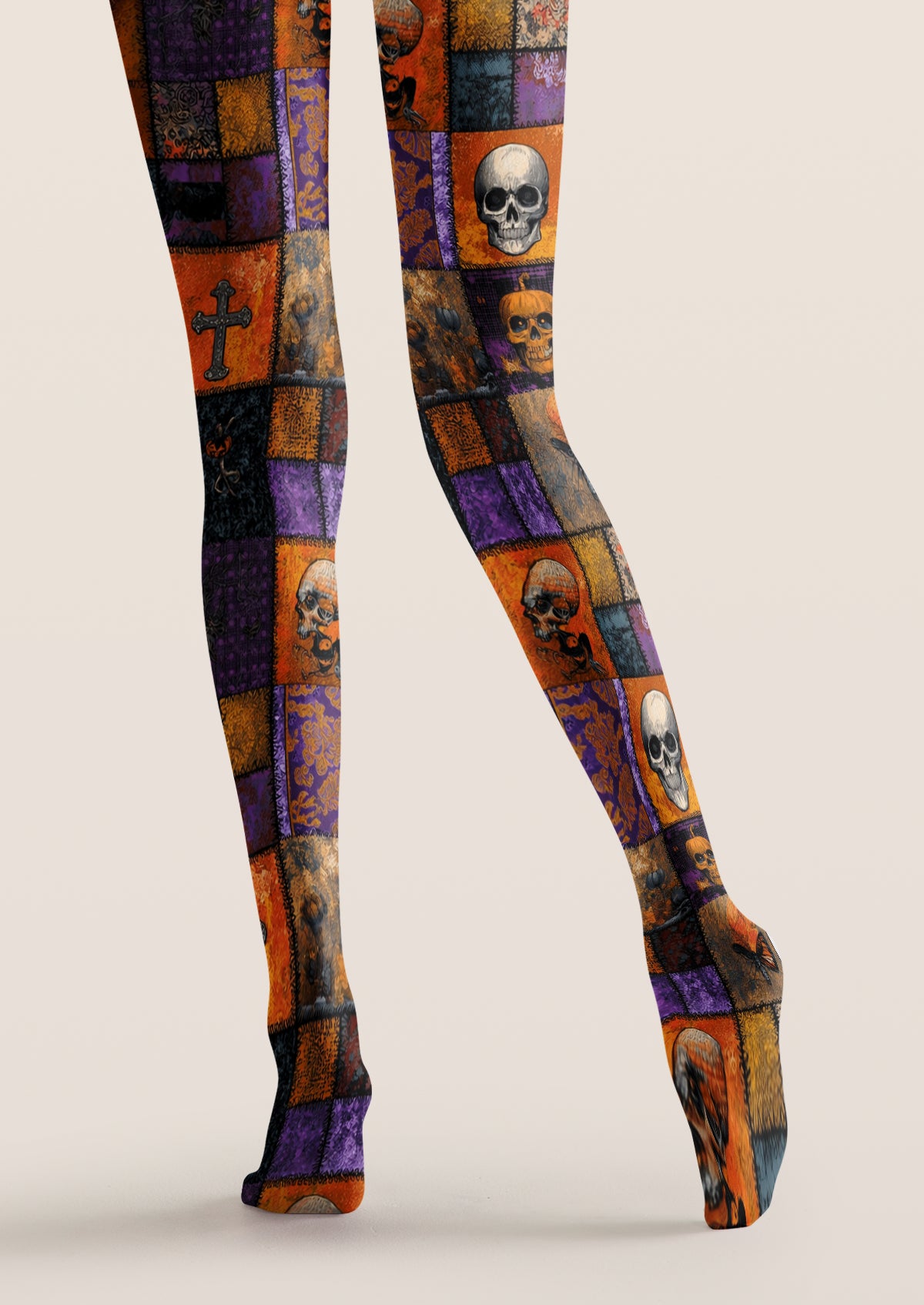 Orange Patchwork Skull Tights
