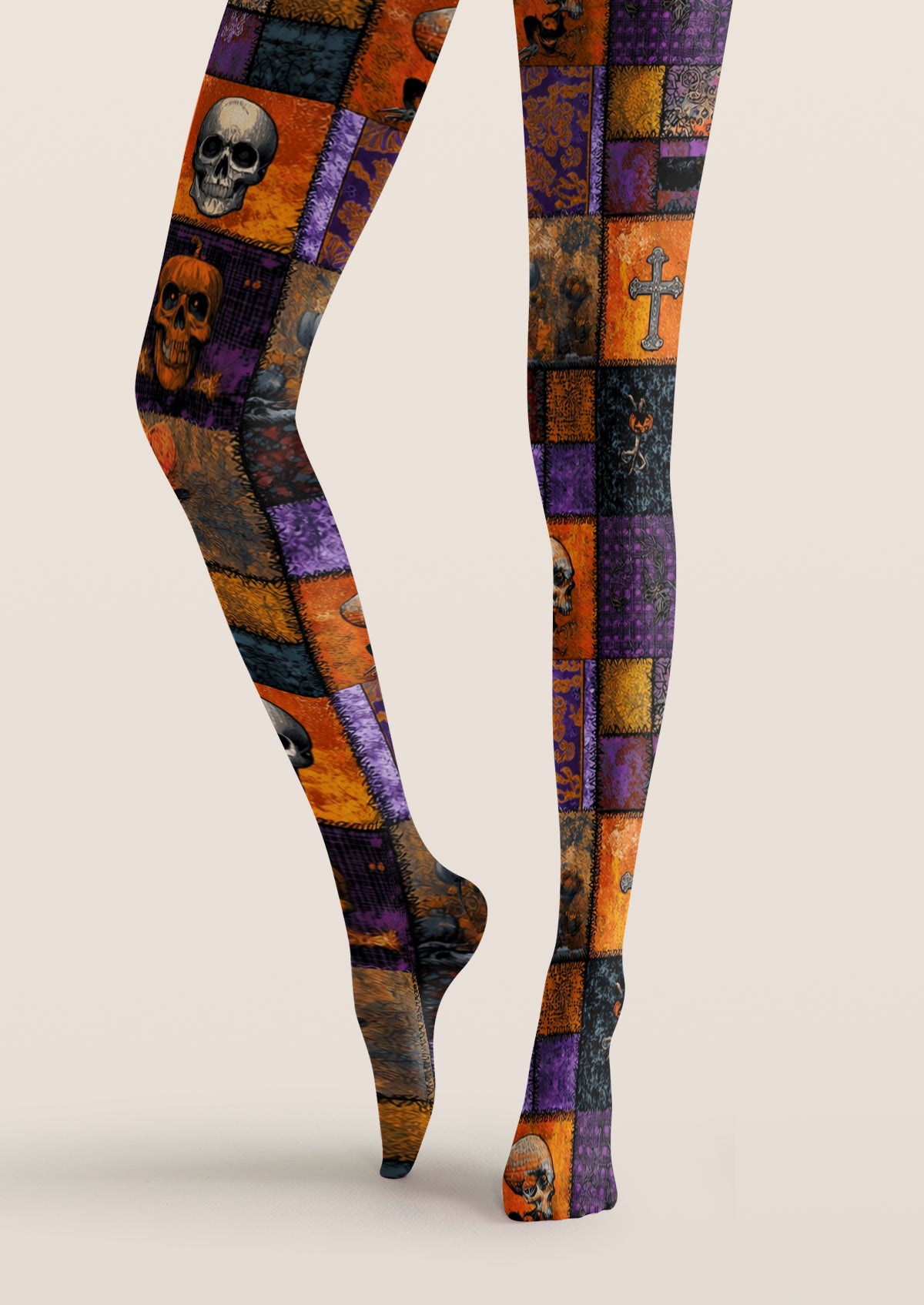 Orange Patchwork Skull Tights
