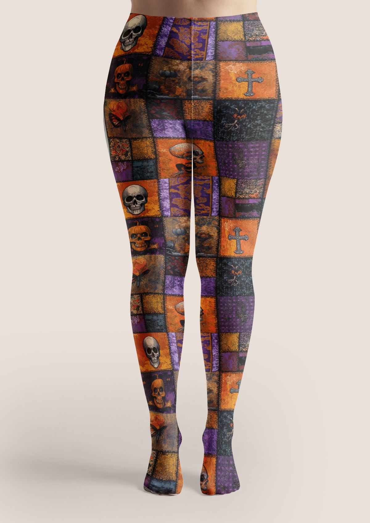 Orange Patchwork Skull Tights