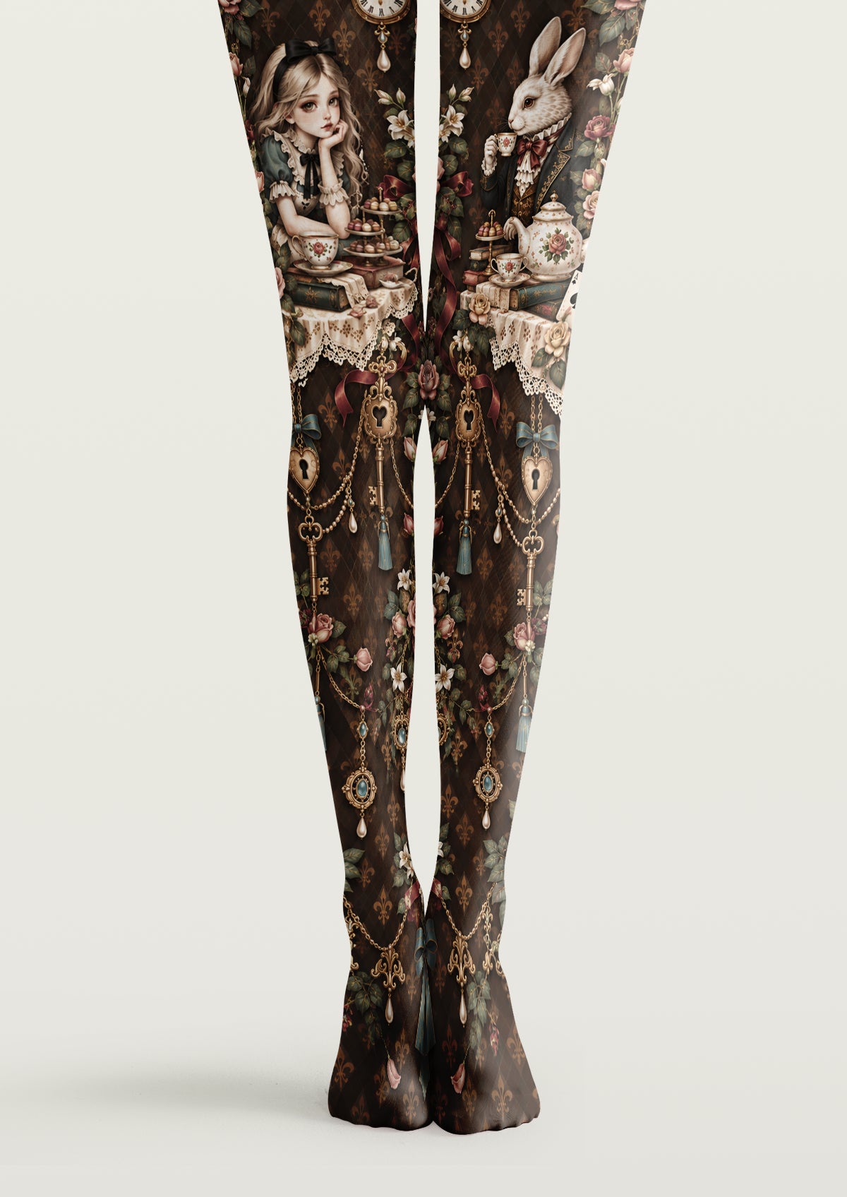 Dark brown vintage printed tights, Alice and white rabbit tea party illustration with roses, antique keys and pocket watches across legs and feet