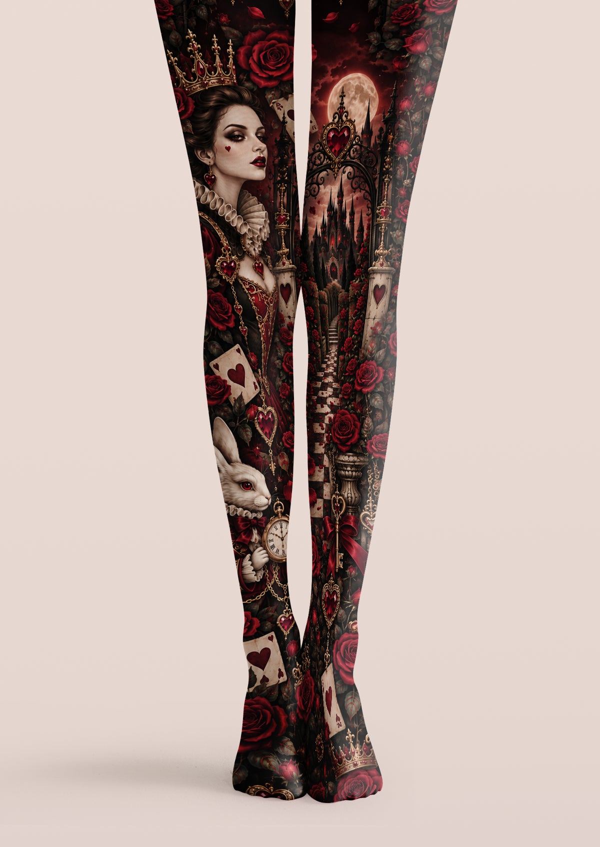 Black printed tights with Queen of Hearts, red roses, playing cards and gothic castle illustrations across legs and feet