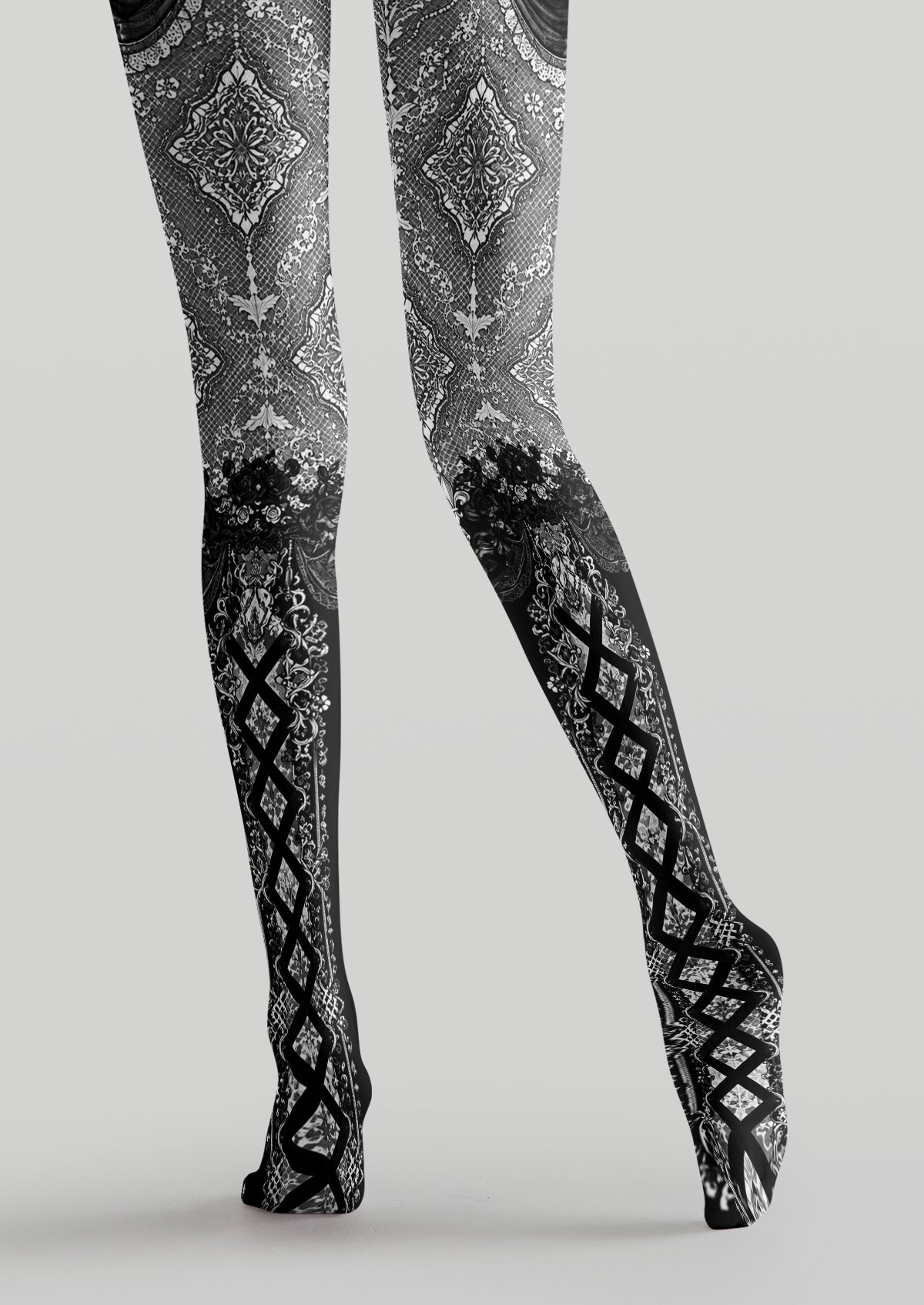 Black White Damask Floral Tights