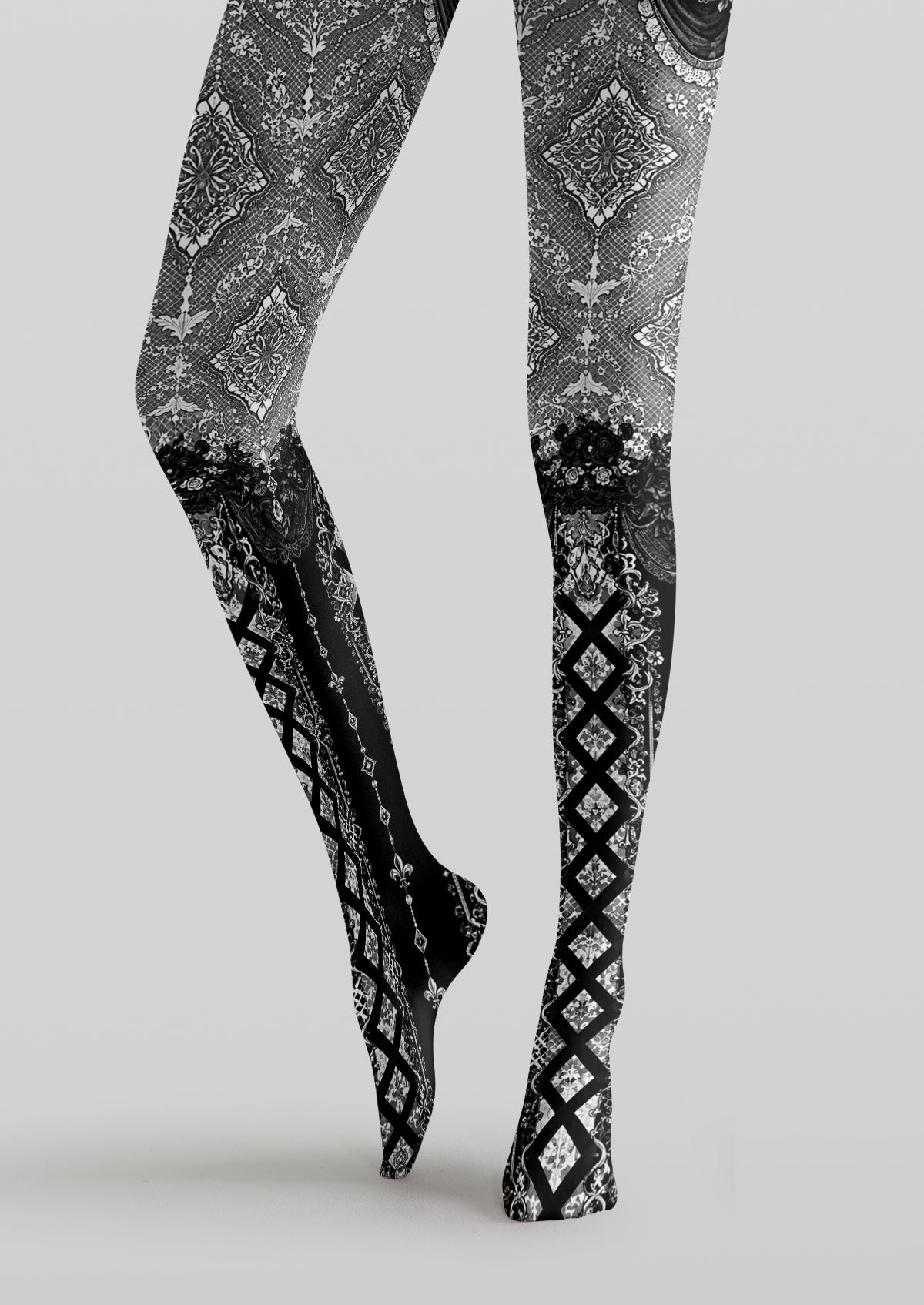 Black White Damask Floral Tights