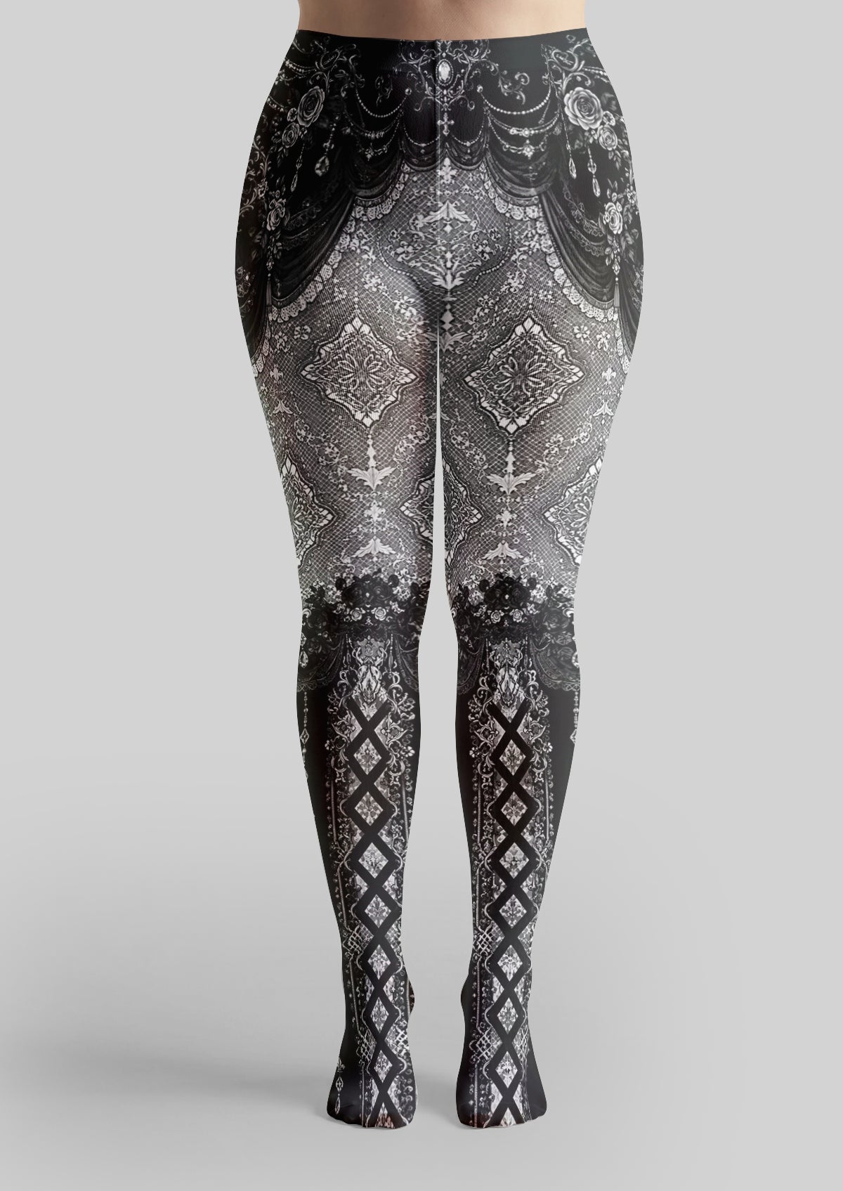 Black White Damask Floral Tights
