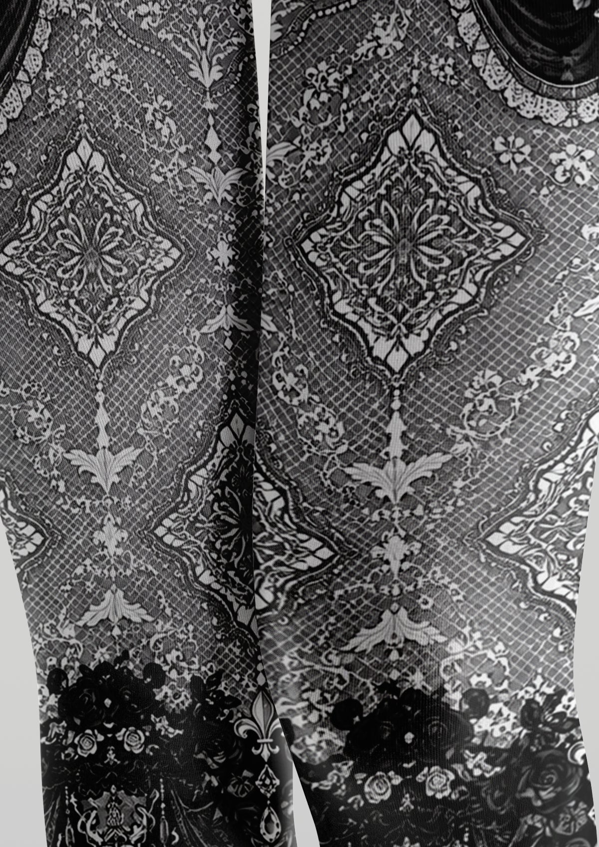 Black White Damask Floral Tights