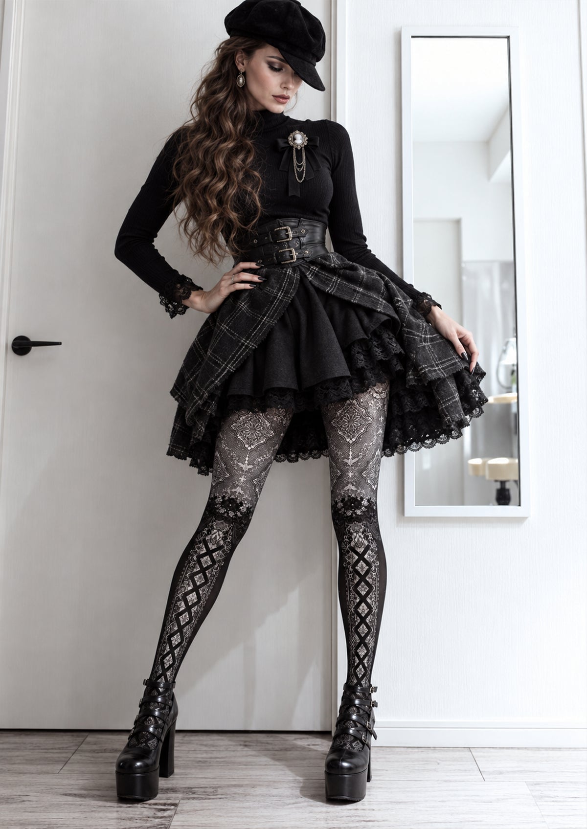 Black White Damask Floral Tights