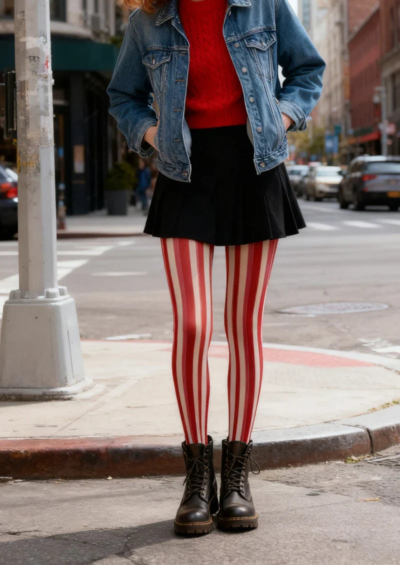 Red Wide Stripe Tights Hosiery Pantyhose
